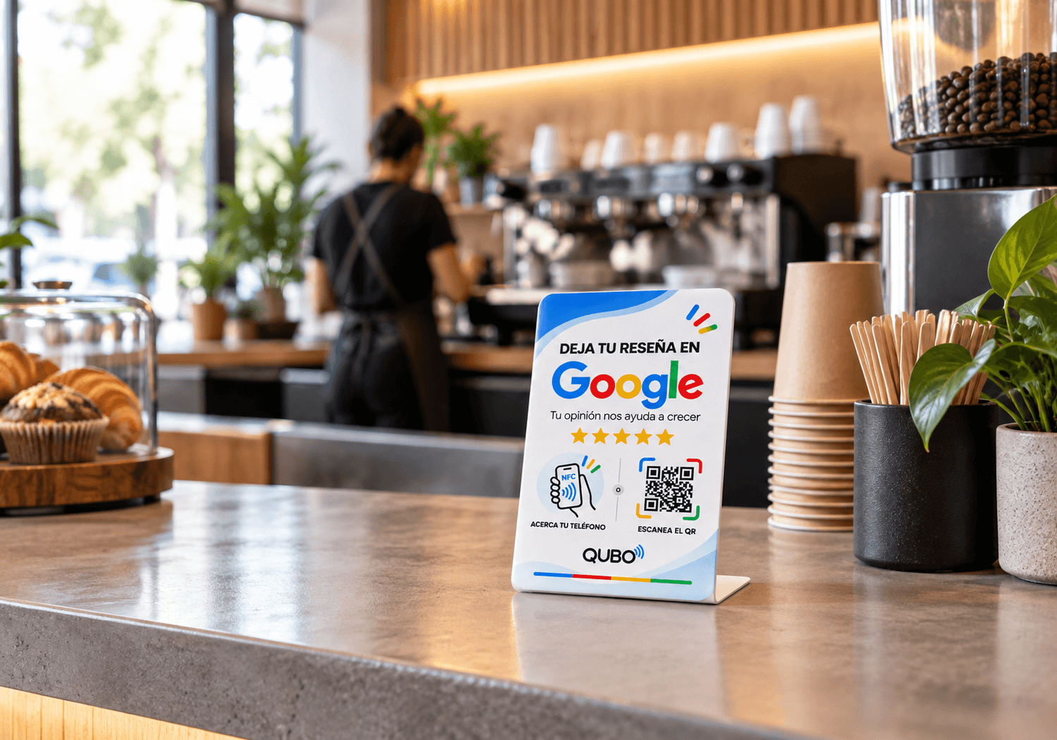 QUBO Tap blanco junto a la caja de una cafetería de especialidad, con el barista al fondo